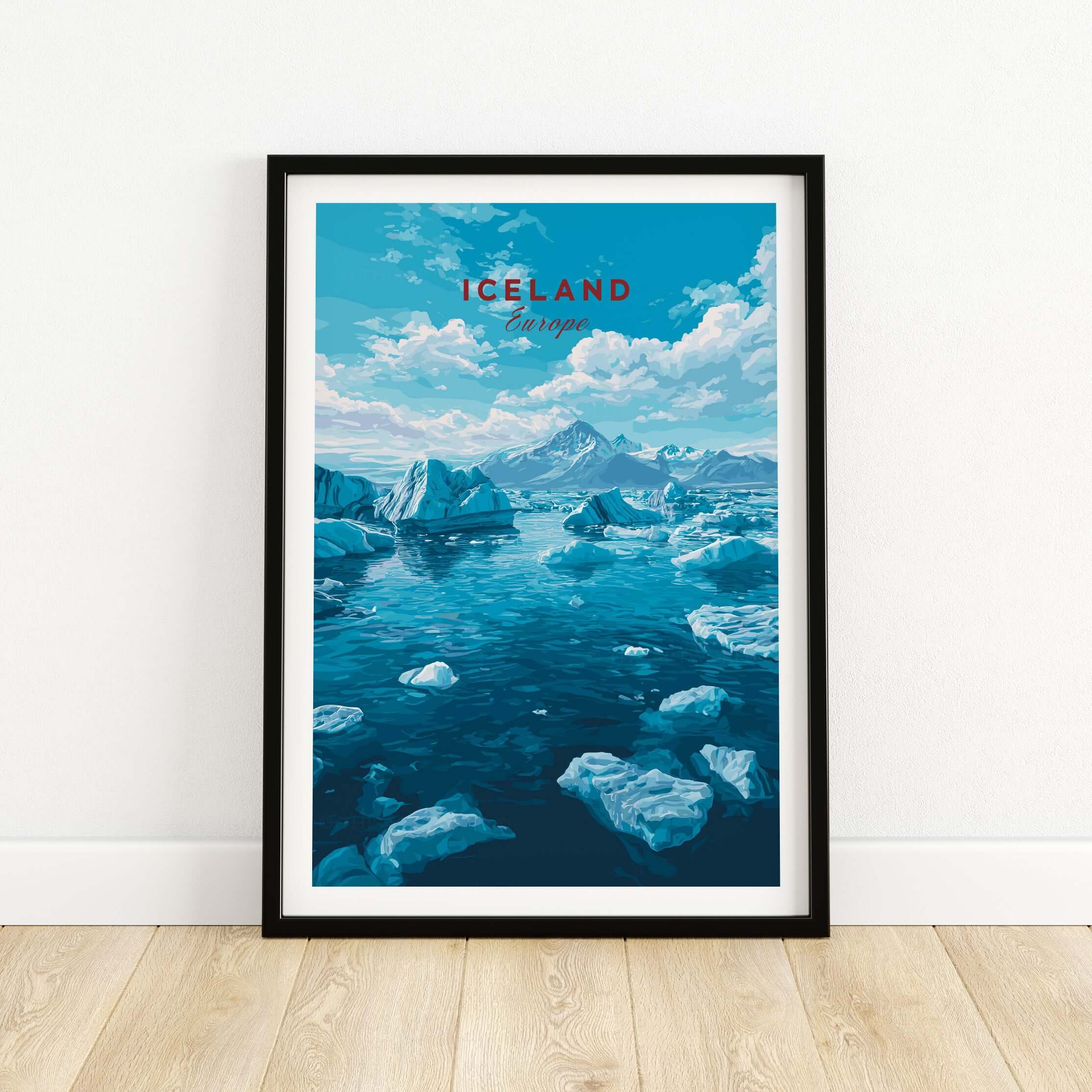 Iceland Poster | Nordic Landscape Wall Decor featuring a serene blue landscape with icebergs and mountains.