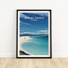 Isle of Harris Scotland Luskentyre Beach Print - White Sand Coastal Wall Art showcasing blue skies and white sandy beach.