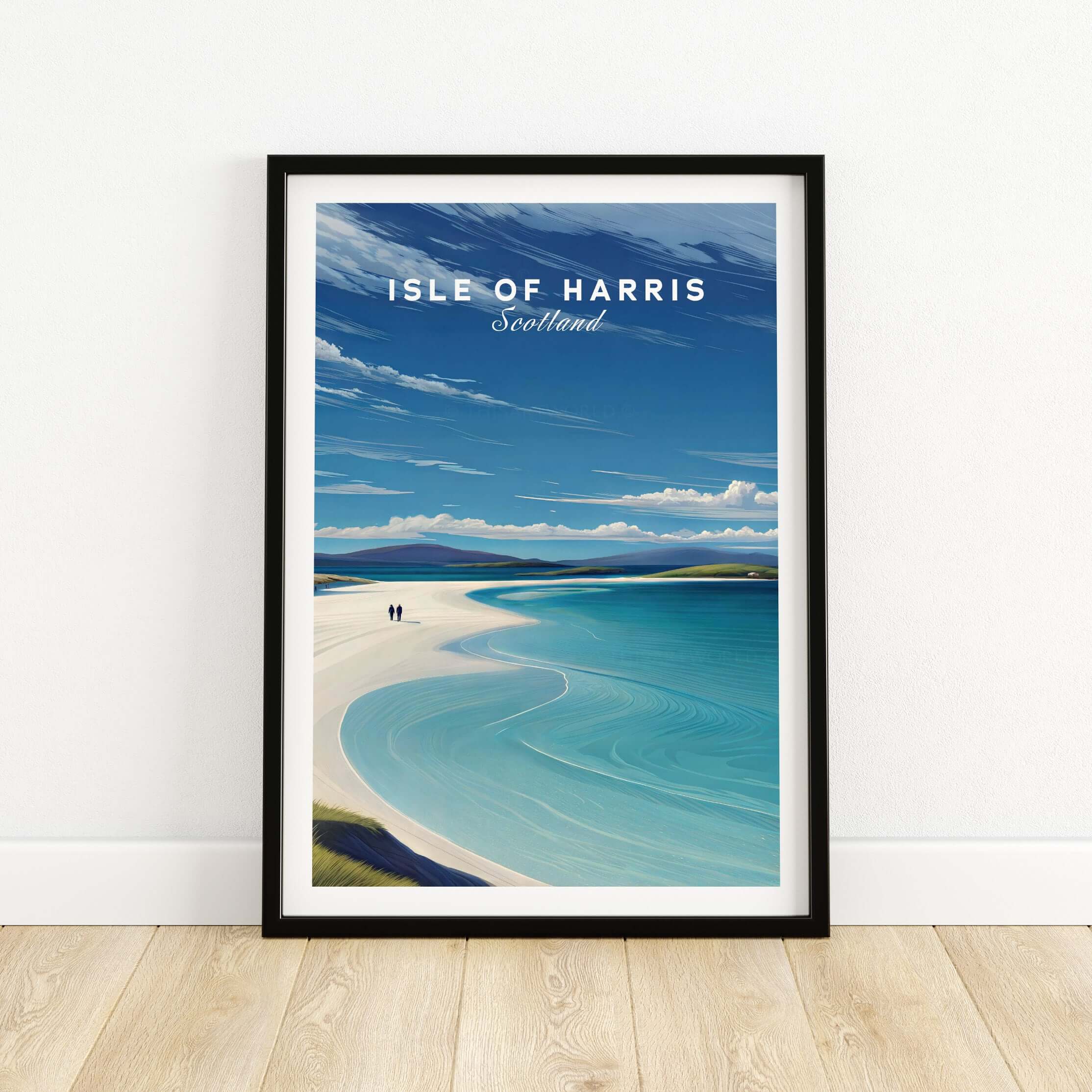 Isle of Harris Scotland Luskentyre Beach Print - White Sand Coastal Wall Art showcasing blue skies and white sandy beach.
