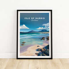 Isle of Harris Scotland Blue Sky Beach Print - Rocky Coastline Wall Art framed against a neutral wall.