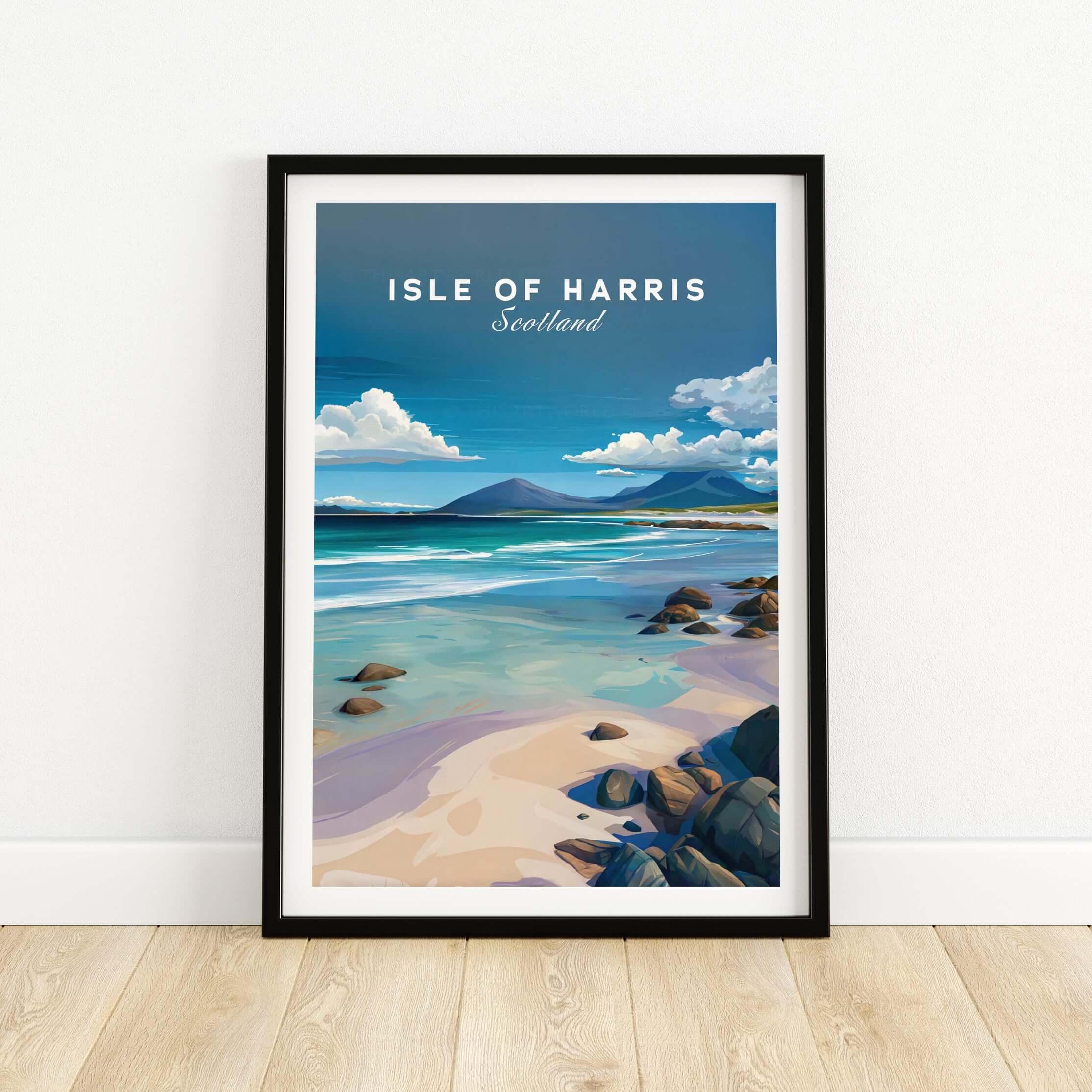 Isle of Harris Scotland Blue Sky Beach Print - Rocky Coastline Wall Art framed against a neutral wall.