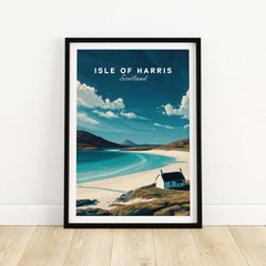 Isle of Harris Scotland Beach House Seascape Poster - Remote Scottish Isle Print framed on wall