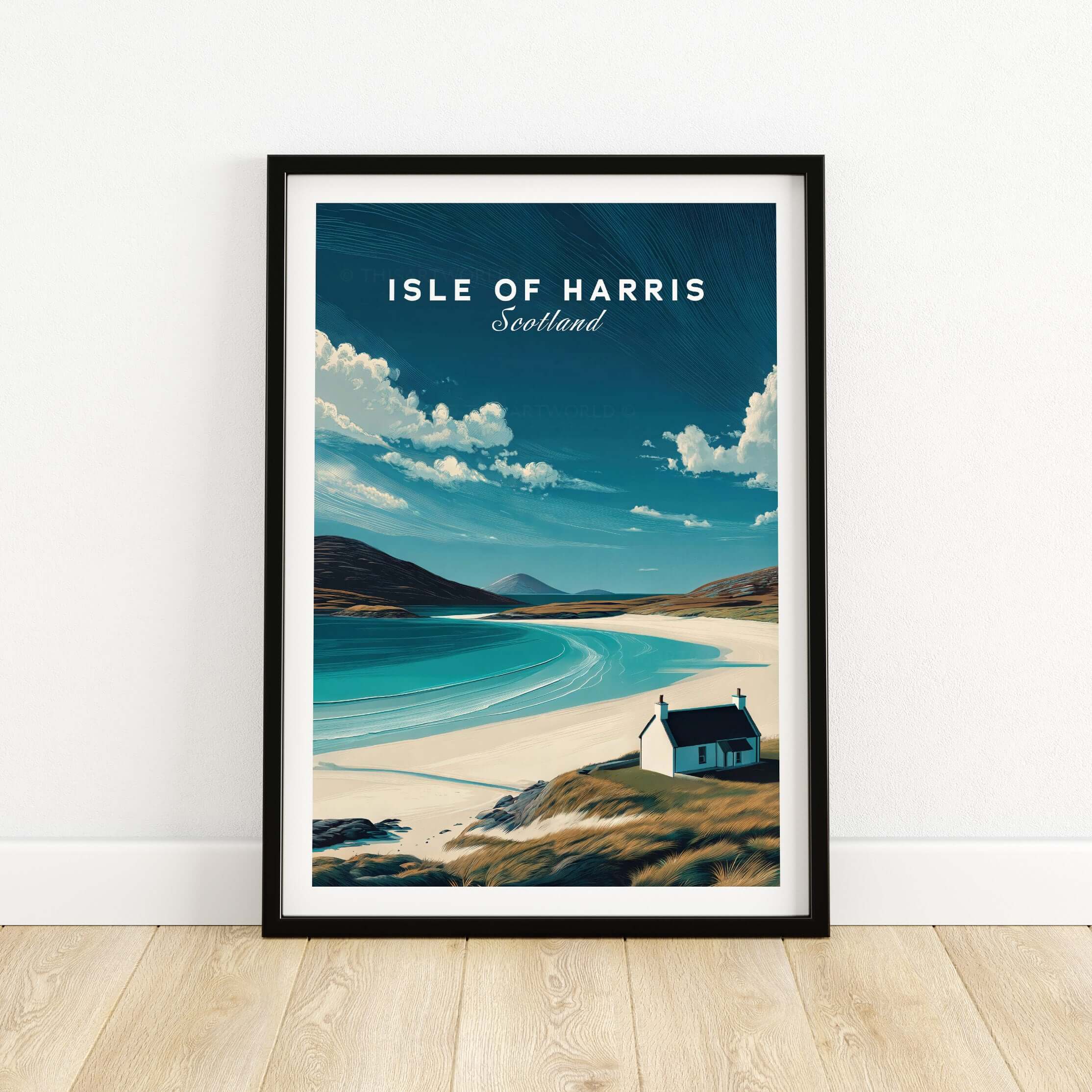 Isle of Harris Scotland Beach House Seascape Poster - Remote Scottish Isle Print framed on wall