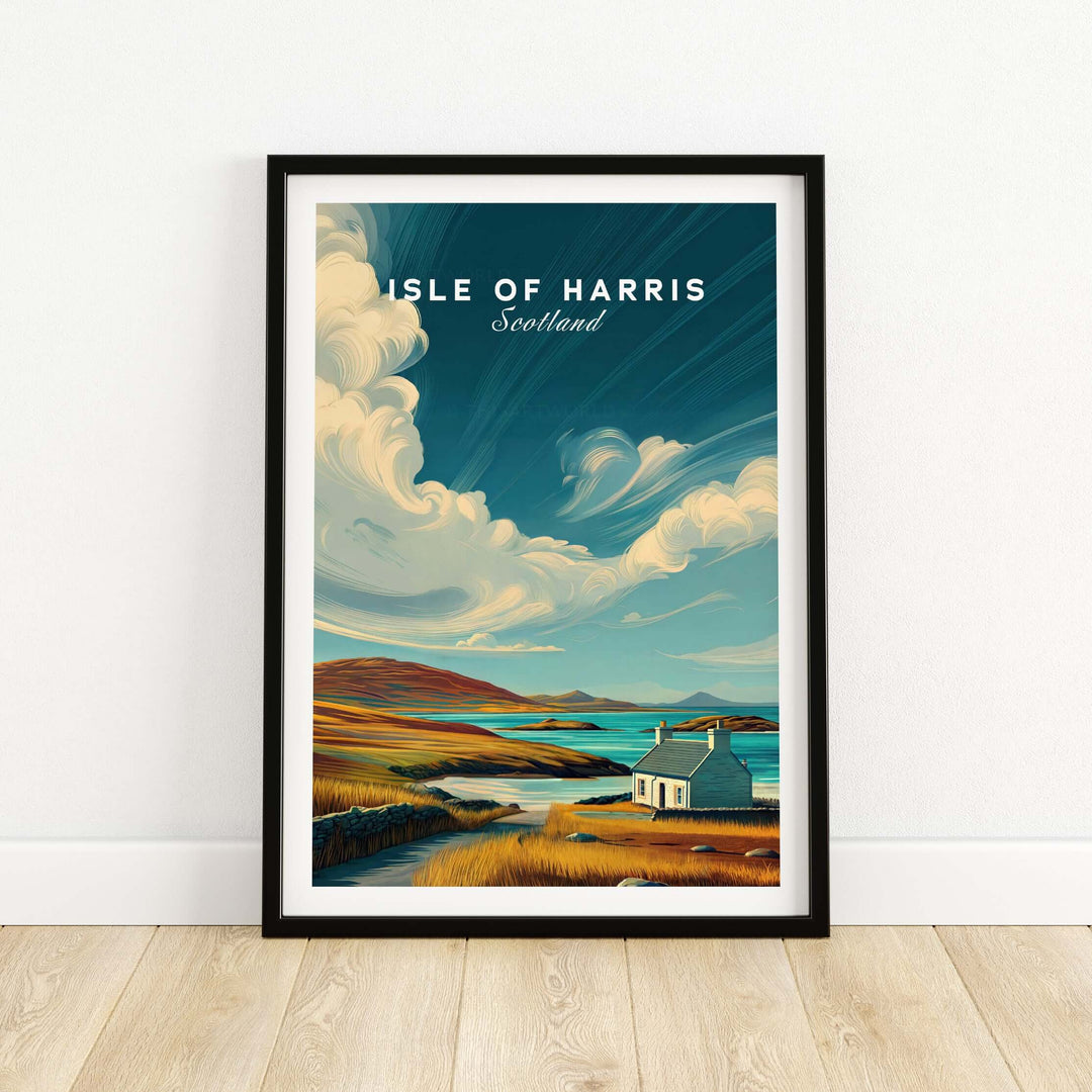 Isle of Harris print featuring a coastal cottage and rolling hills, showcasing Scotland's tranquil landscape.