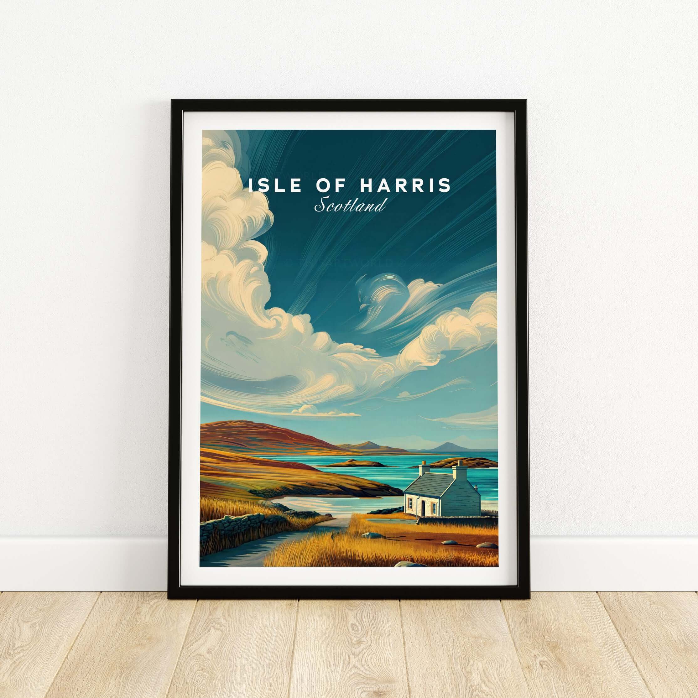 Isle of Harris Print Scotland Coastal Cottage Landscape - Rolling Hills Wall Art featuring a scenic coastal view.