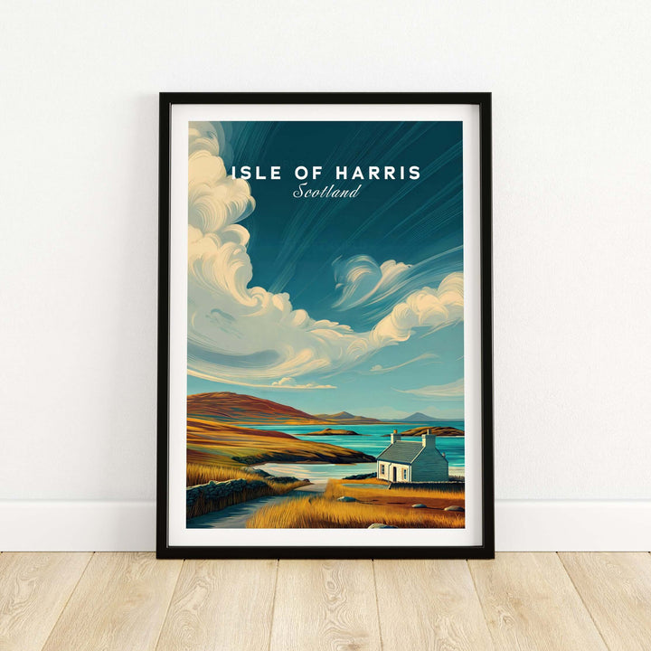Isle of Harris print featuring a coastal cottage and rolling hills, showcasing Scotland's tranquil landscape.