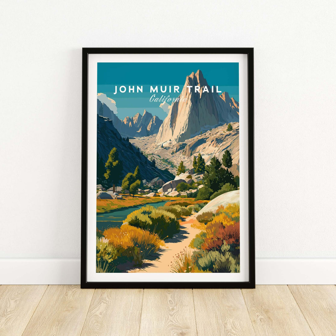 Framed print of John Muir Trail in California's Sierra Nevada, showcasing vibrant wilderness scenery and mountain peaks.