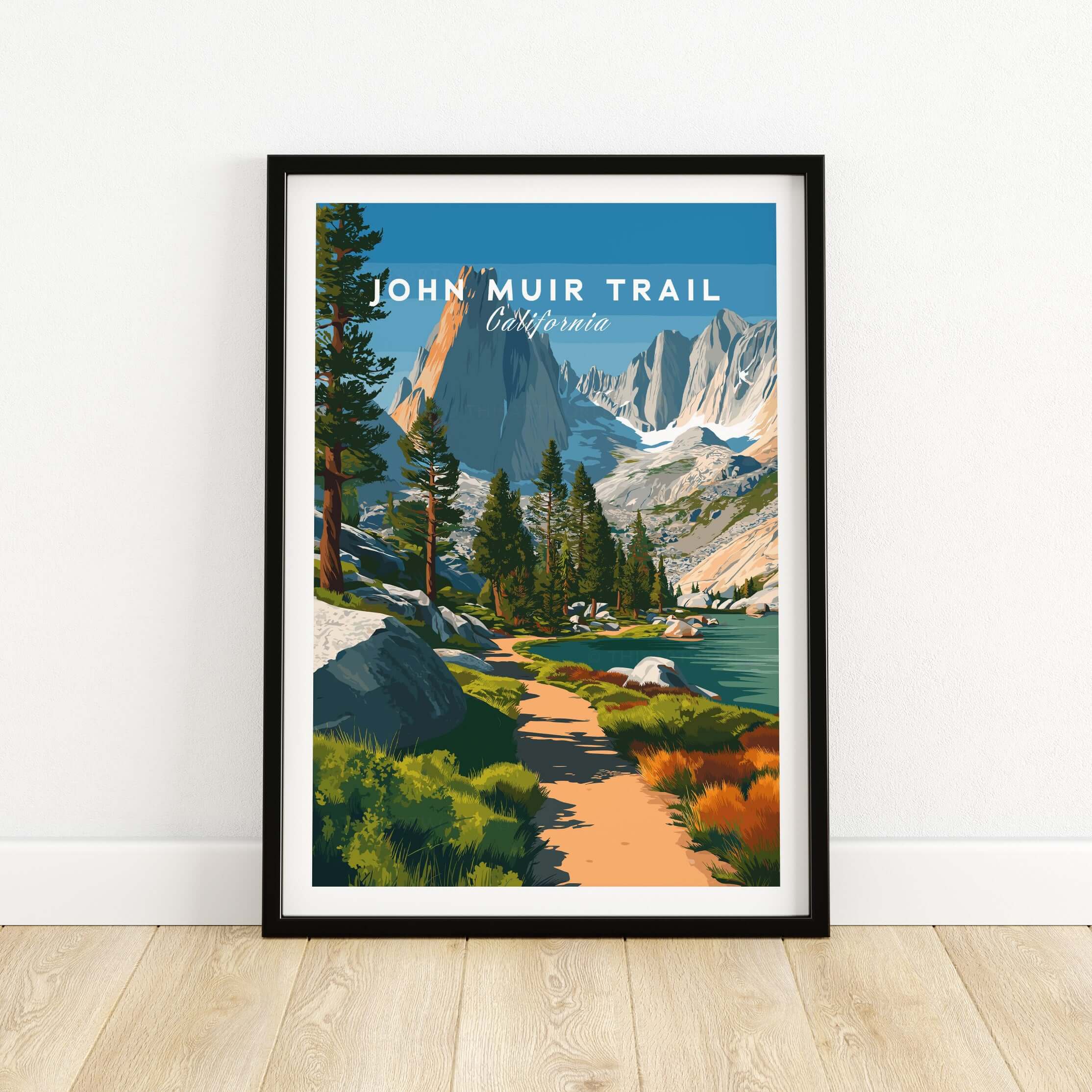 John Muir Trail California Lakeside Mountain Trail Poster - Wilderness Landscape Print featuring serene nature scenery.
