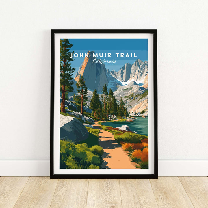 John Muir Trail poster showcasing a serene California lakeside mountain landscape with vibrant colors.