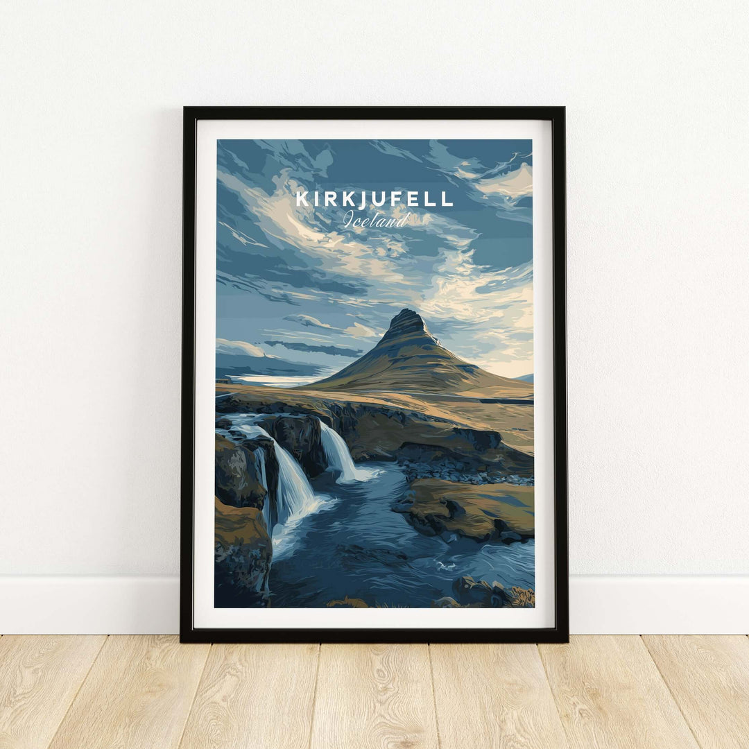 Kirkjufell Print Snæfellsnes Peninsula Poster | Icelandic Nature Wall Art showcasing scenic landscape with waterfall.