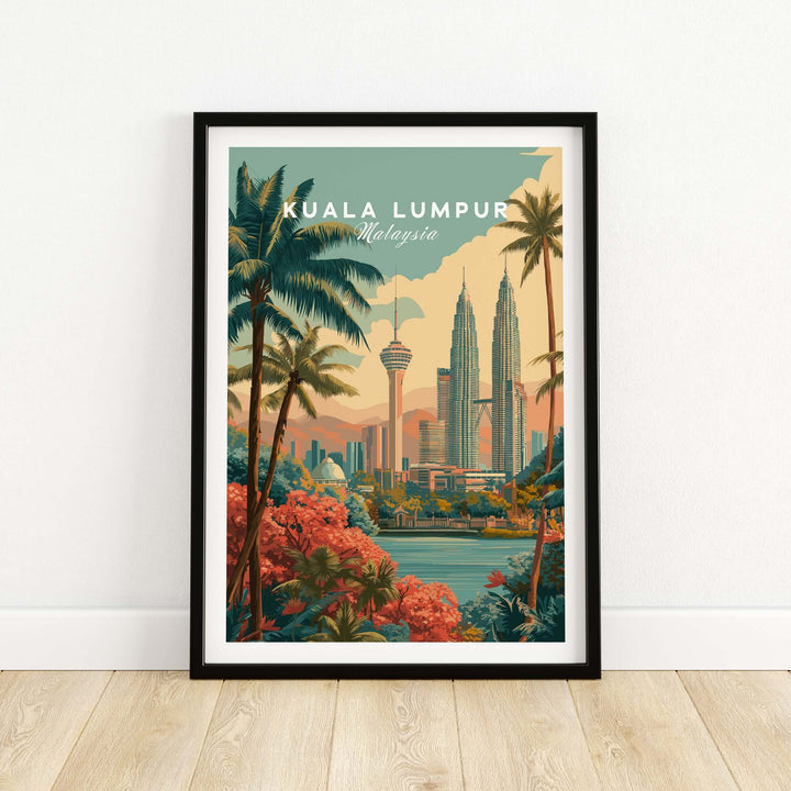 Kuala Lumpur cityscape print featuring Petronas Towers and KL Tower with tropical elements.