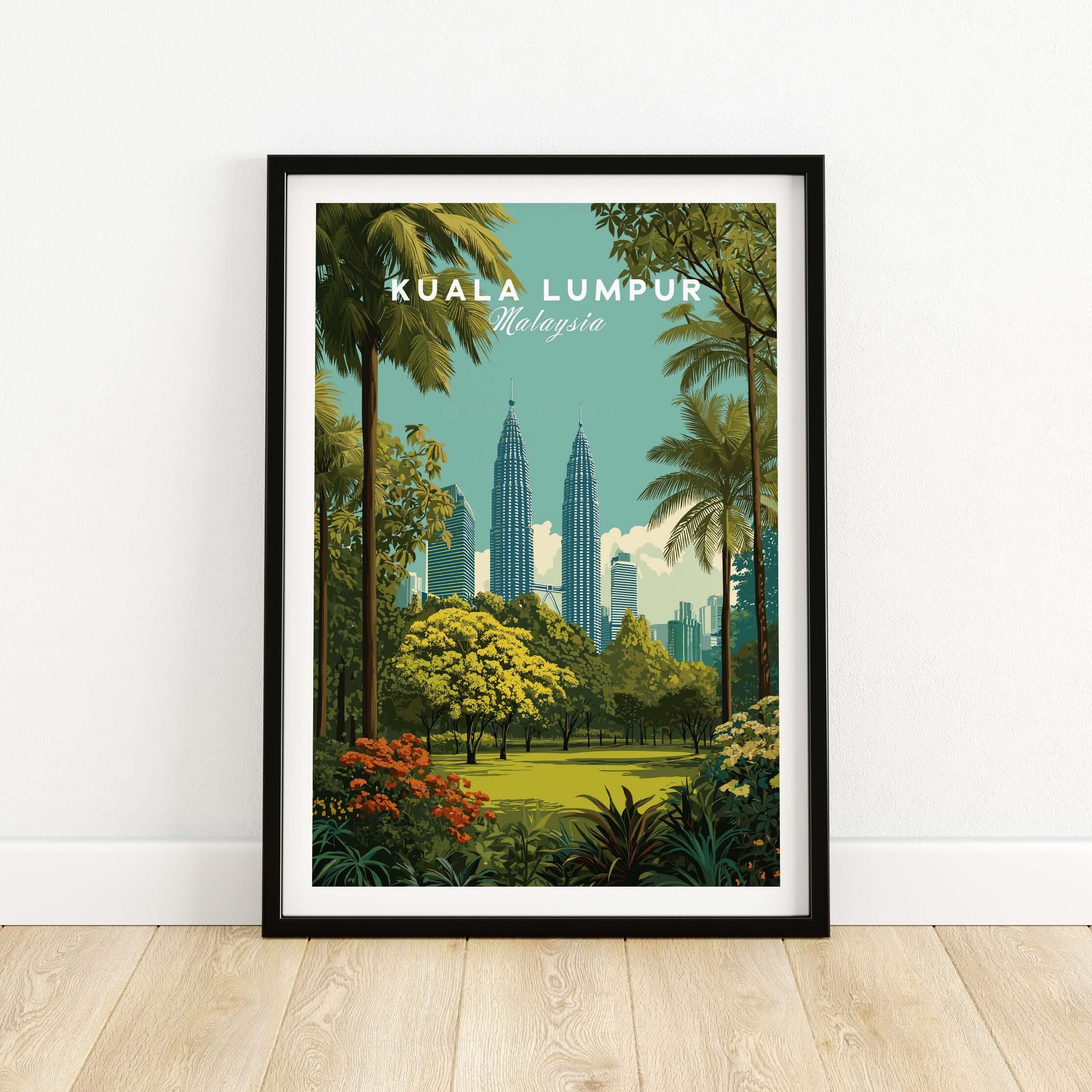 Kuala Lumpur Malaysia Twin Towers Garden Print - City Park Wall Art in a framed print featuring lush greenery.