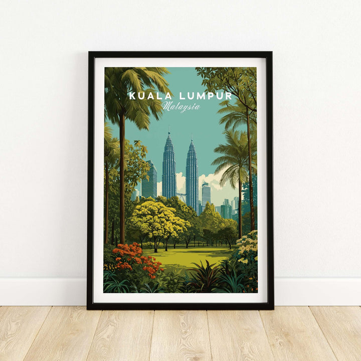 Kuala Lumpur Twin Towers Garden Print featuring lush greenery and urban skyline, perfect for home or office decor.
