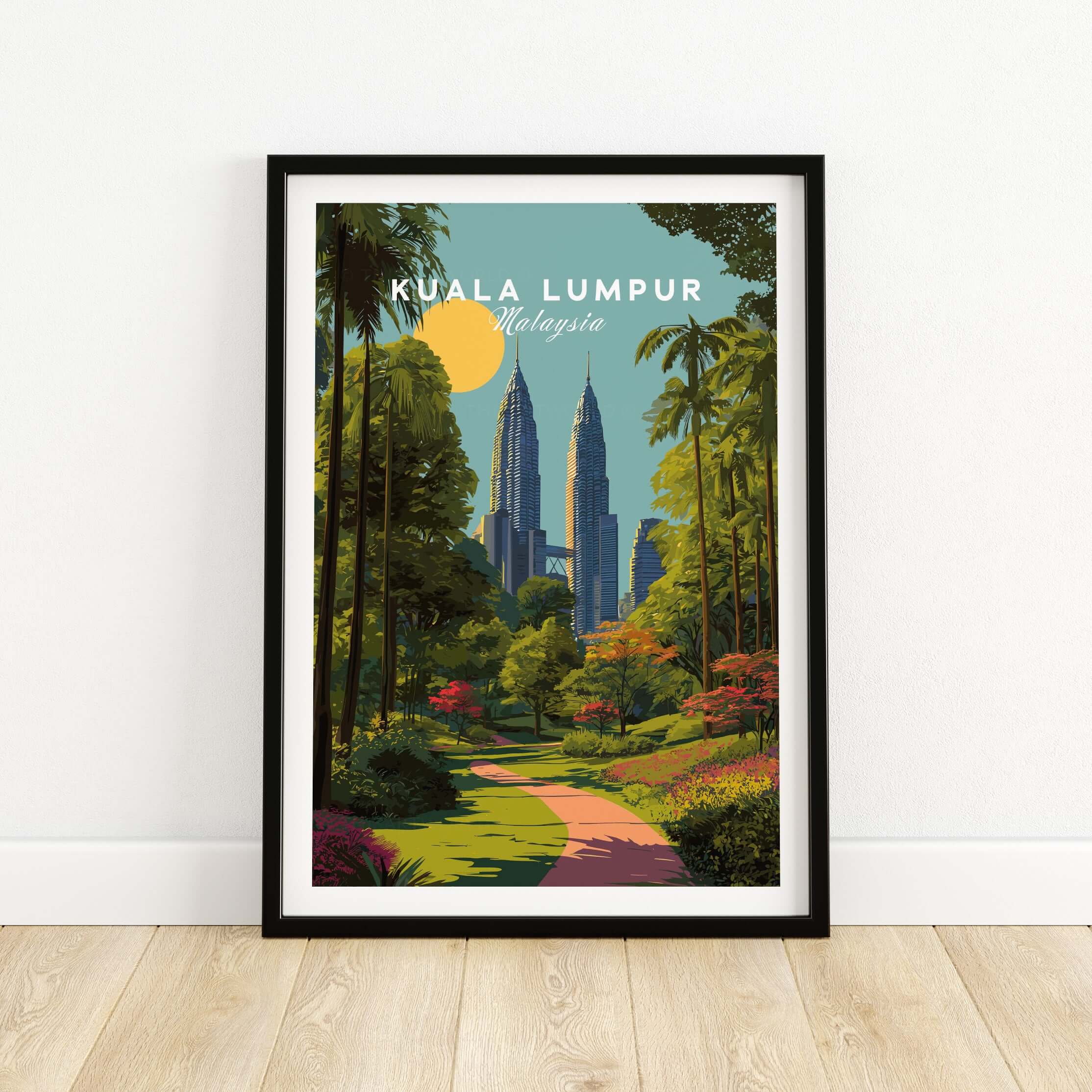Kuala Lumpur Malaysia Poster Petronas Towers Park Path - Modern City Wall Art featuring a serene park and iconic towers.
