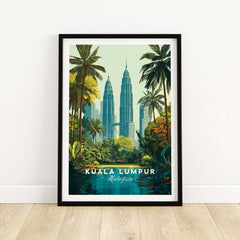 Kuala Lumpur Malaysia Twin Towers Print - Tropical Cityscape Poster framed in a modern setting with lush greenery.