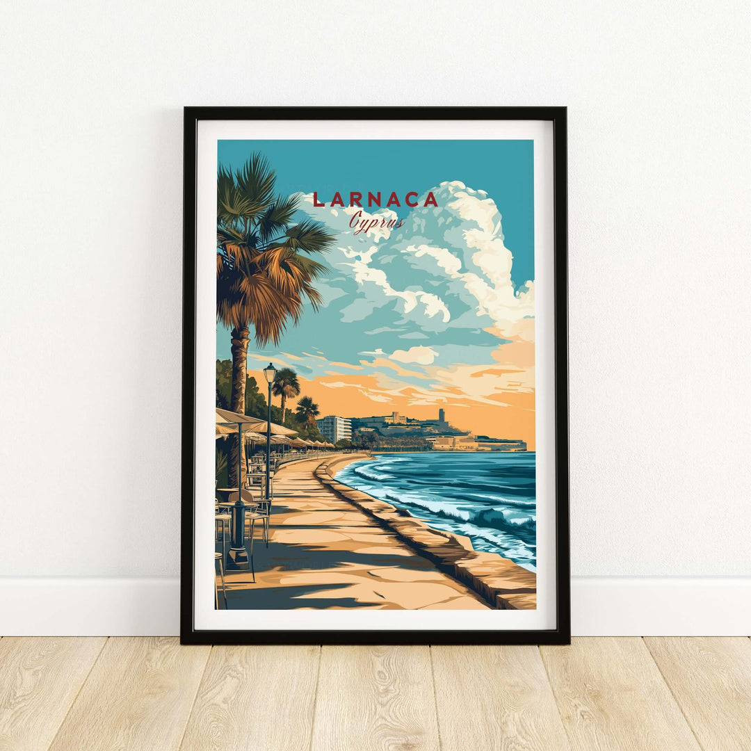 Larnaca print showcasing Cyprus beachfront promenade with coastal views and palm trees, Mediterranean wall art.