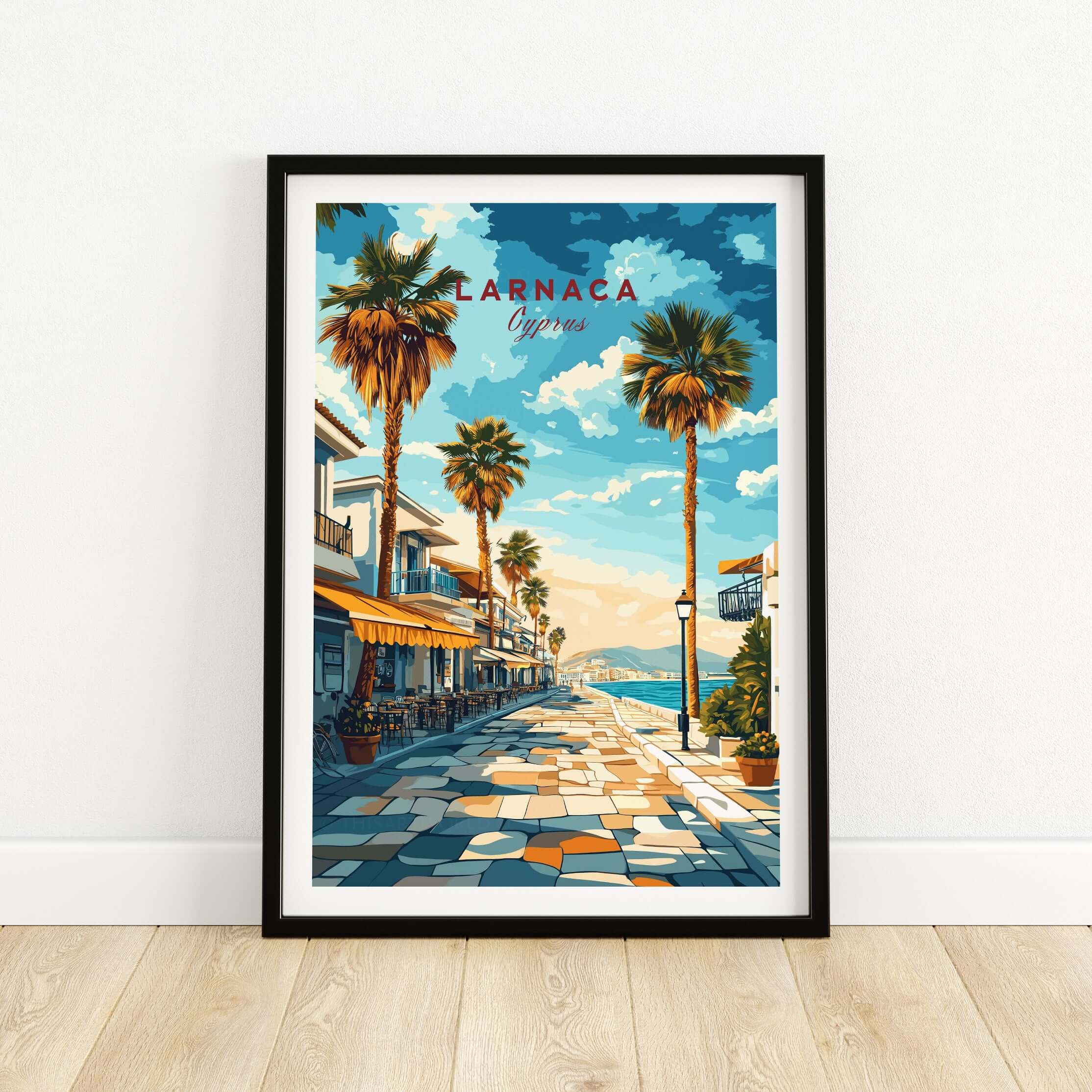 Larnaca Cyprus Poster - Travel Print showcasing a vibrant coastal street lined with palm trees in Larnaca, Cyprus.