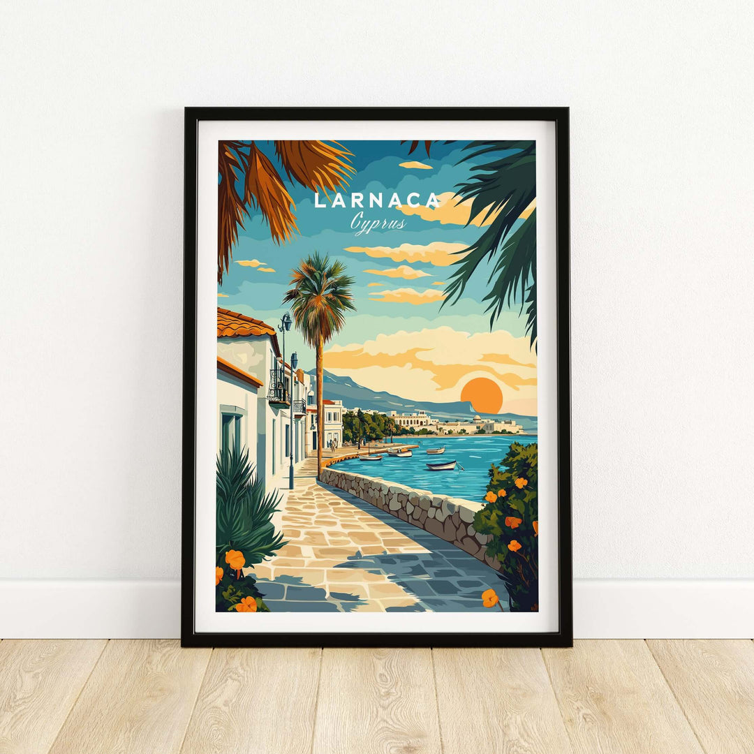 Larnaca Cyprus sunset print featuring coastal scenery, vibrant colors, and serene Mediterranean atmosphere.
