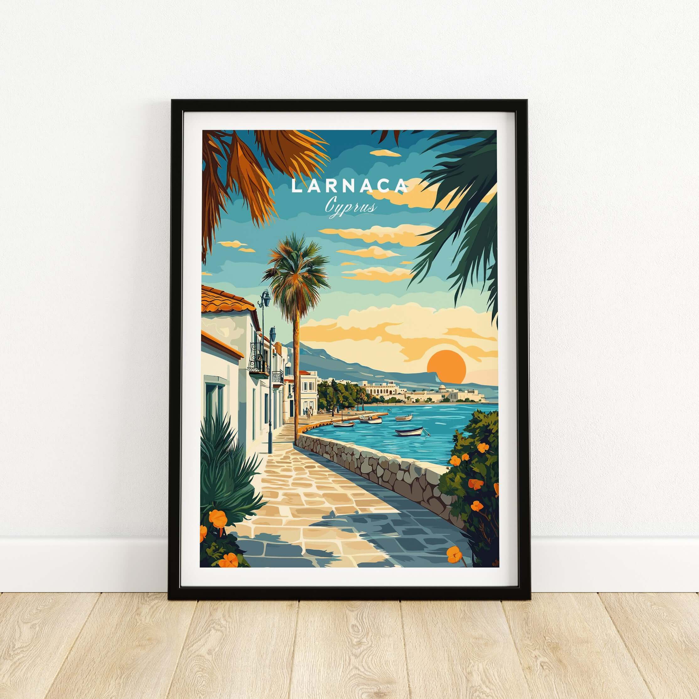 Larnaca Cyprus Sunset Print - Mediterranean Seascape Poster featuring vibrant coastal scenery and a captivating sunset.