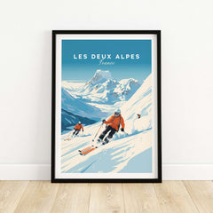 Les Deux Alpes travel poster featuring skiers on snowy slopes, perfect for home decor and adventure inspiration.