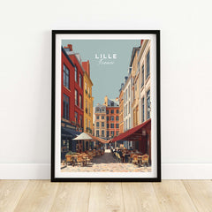 Lille France Print Street Scene - Historic City Center Wall Art showcasing charming street and vibrant outdoor cafes.