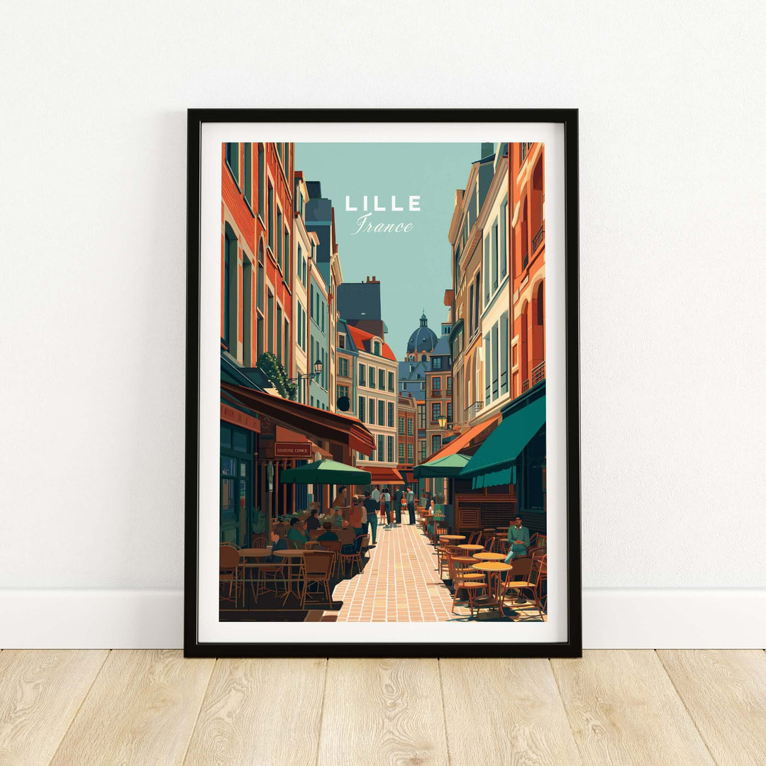 Charming Lille France Old Town Square poster showcasing vibrant street scenes and historic architecture.