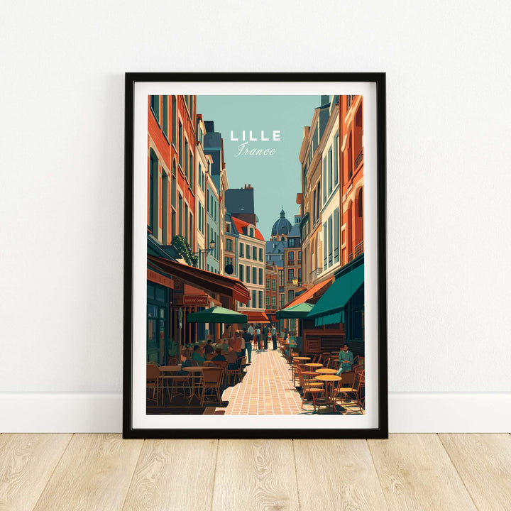 Charming Lille France Old Town Square poster showcasing vibrant street scenes and historic architecture.