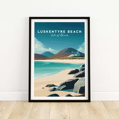 Luskentyre Beach Print Isle of Harris White Sand Coastal Poster - Scottish Island Wall Art framed with beach scene.