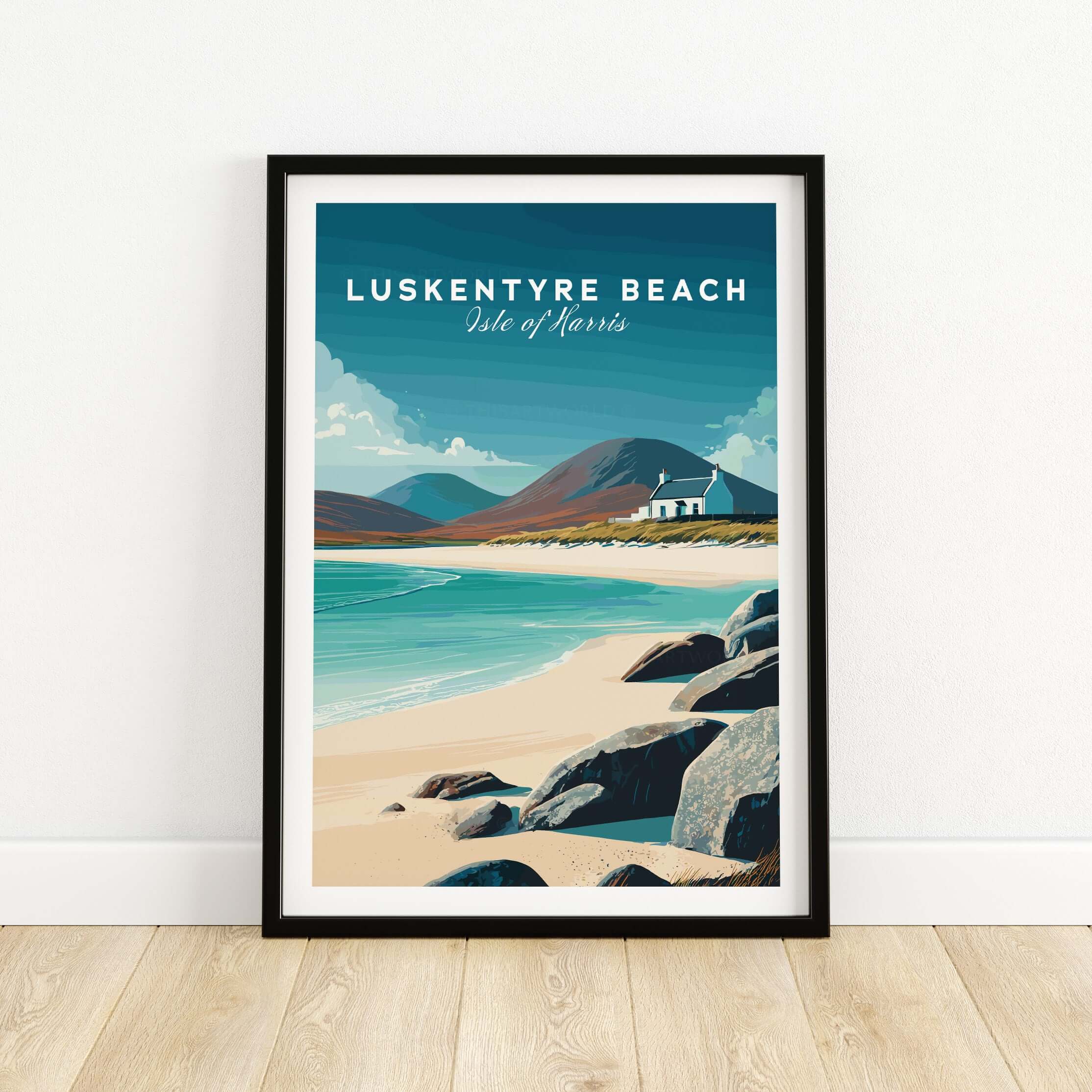 Luskentyre Beach Print Isle of Harris White Sand Coastal Poster - Scottish Island Wall Art framed with beach scene.