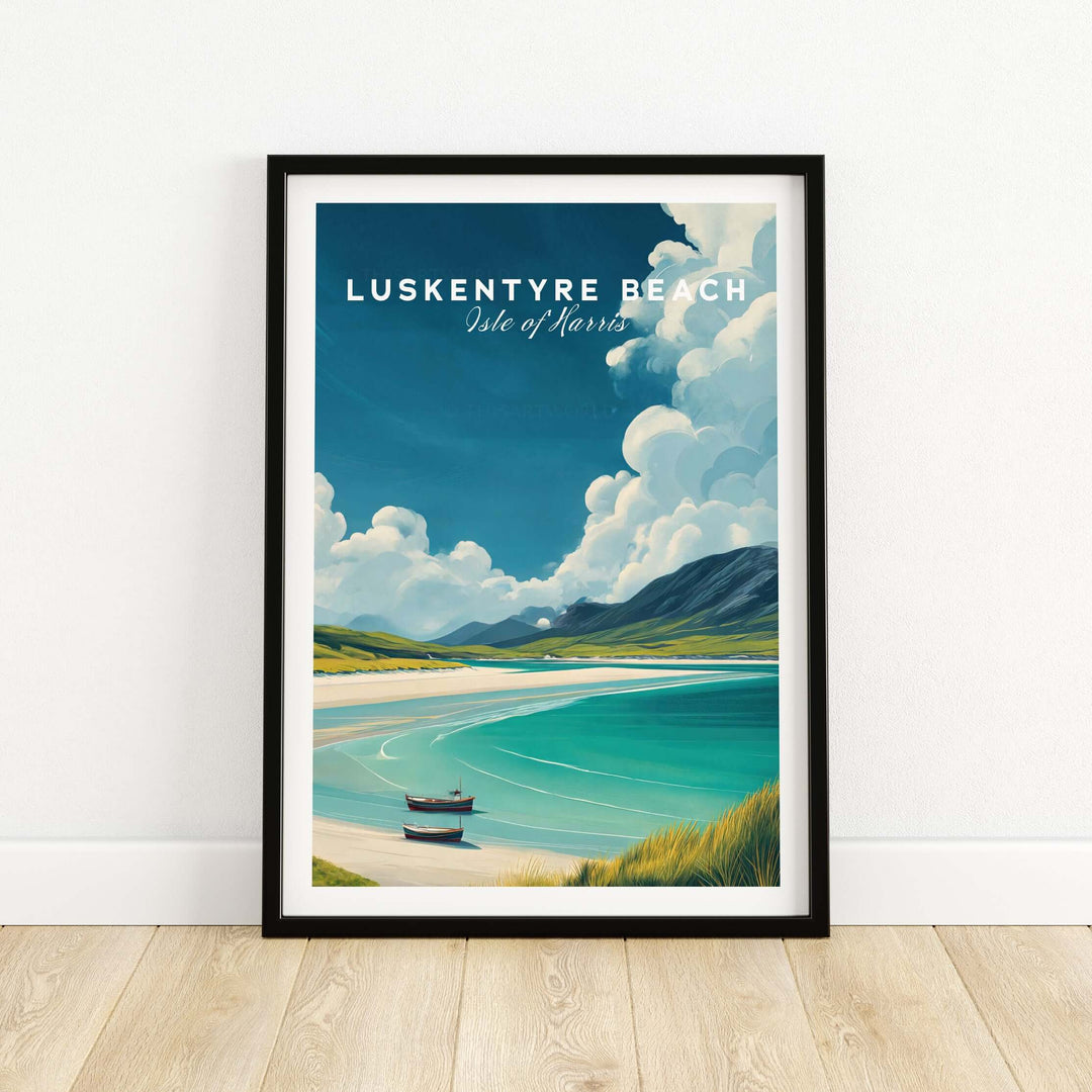 Luskentyre Beach print featuring clear waters and sandy shores, Isle of Harris coastal landscape poster.