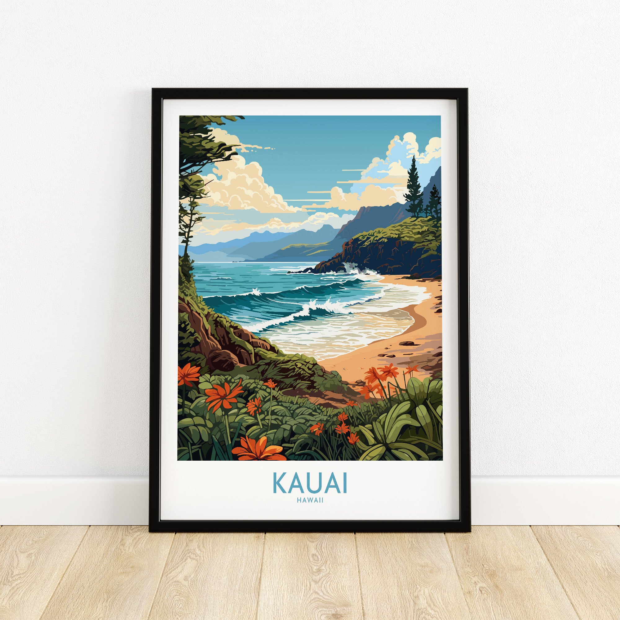 Kauai travel poster featuring lush landscapes and stunning beaches of Hawaii, perfect for travel lovers.