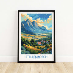 Vibrant Stellenbosch travel poster showcasing mountains and valleys of South Africa, perfect for home or office decor.