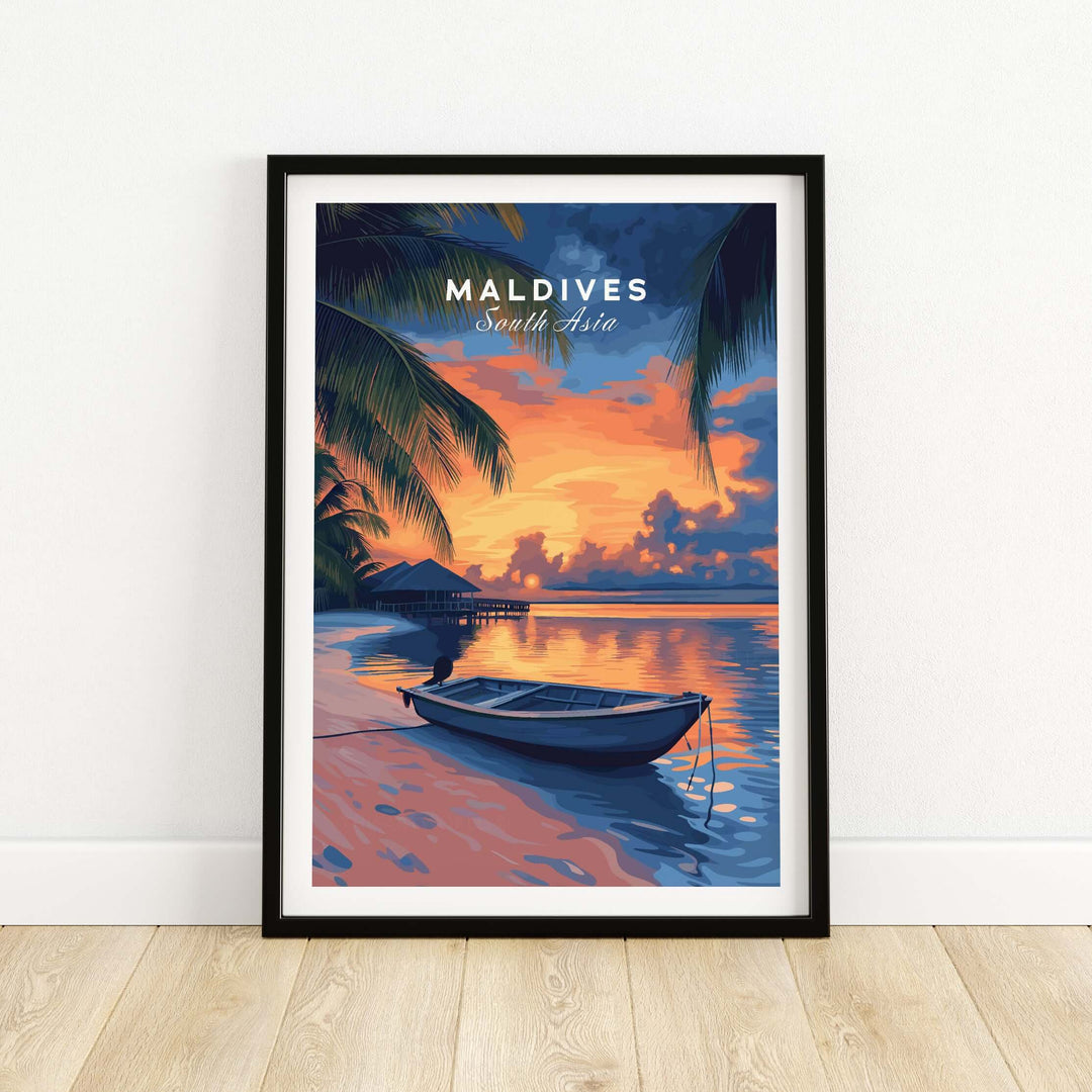 Maldives Travel Print - Sunset capturing a beautiful tropical sunset scene with a boat and palm trees.