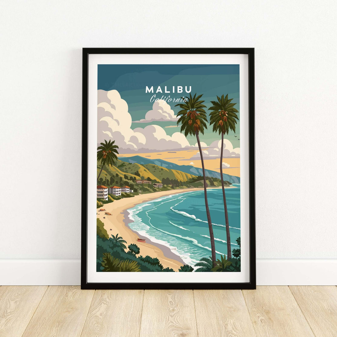 Malibu California beach print featuring palm trees and waves, perfect for coastal home decor.