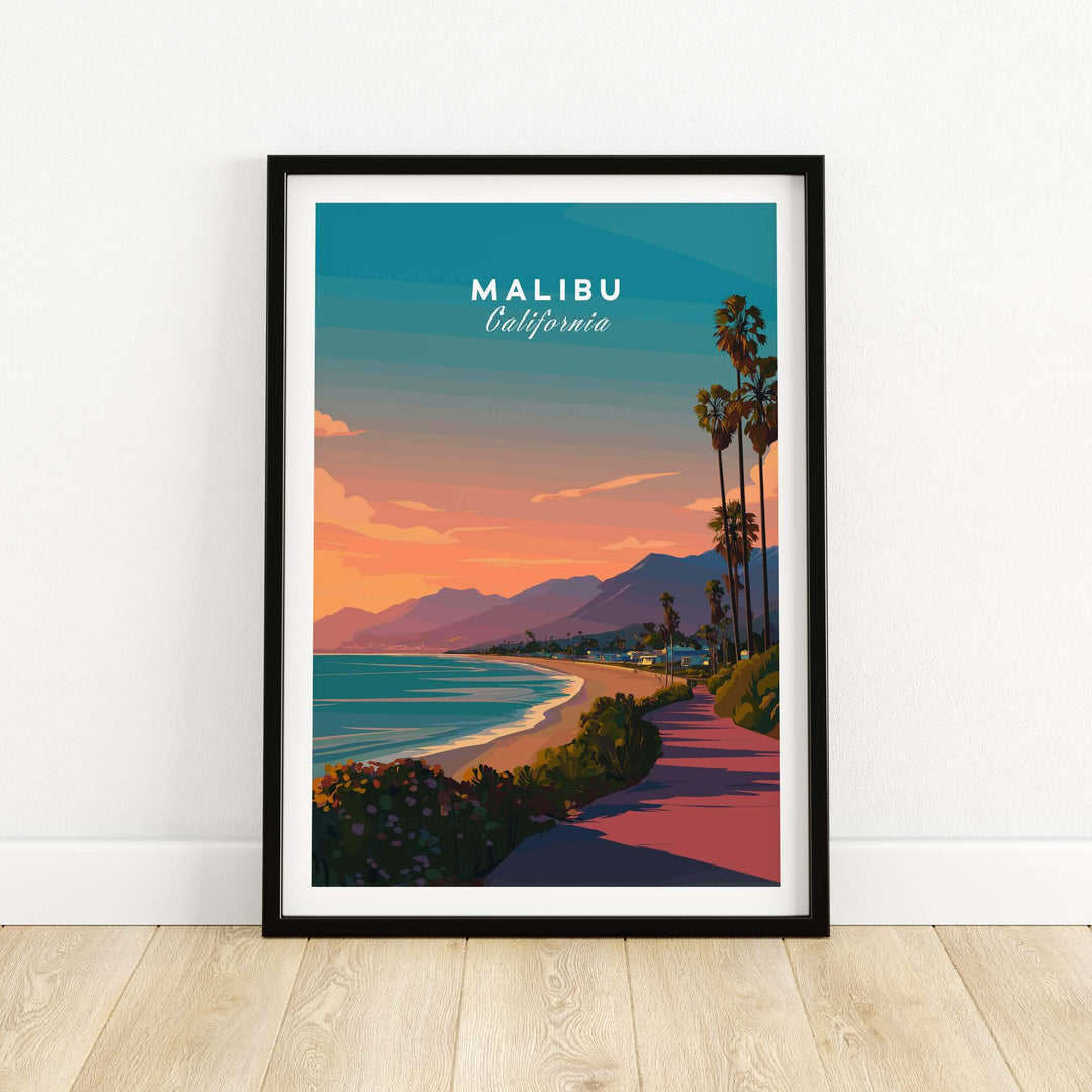 Malibu California beach sunset print featuring vibrant colors and coastal views, perfect for wall decor.