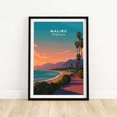 Malibu California Beach Sunset Print - Pacific Coast Highway Wall Art showcasing vibrant sunset colors and coastal views.