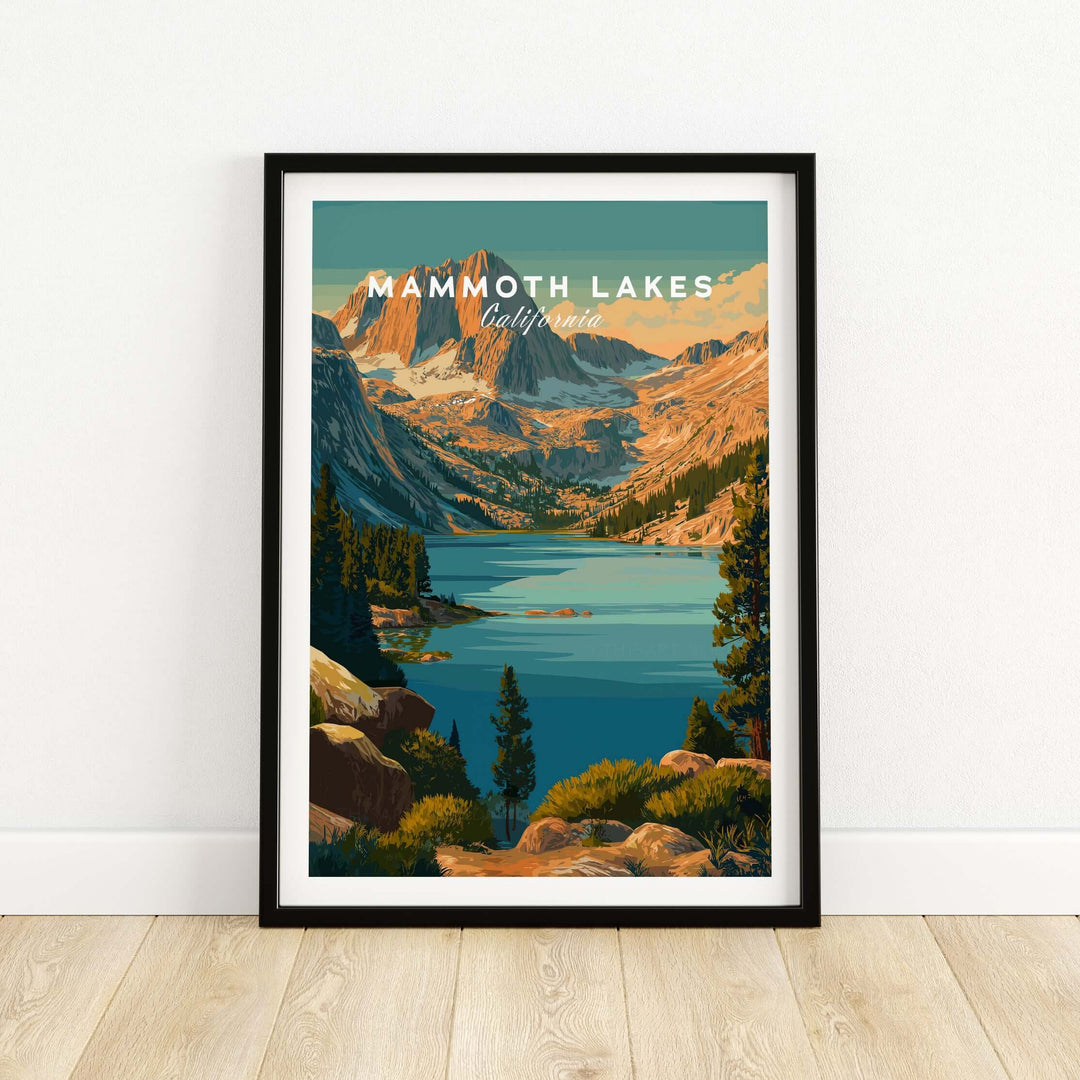 Mammoth Lakes poster featuring rugged mountains and lake in California, perfect wall art for nature lovers.
