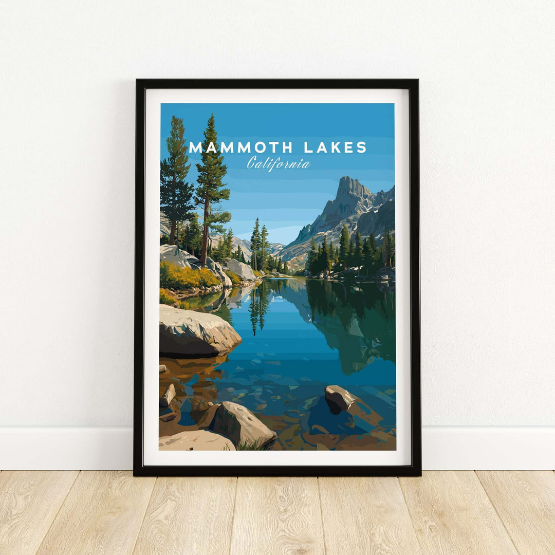 Mammoth Lakes California poster featuring serene lake, majestic mountains, and lush trees, ideal for nature lovers.