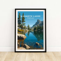 Mammoth Lakes California Poster featuring stunning mountains and reflective lake in a framed artwork.