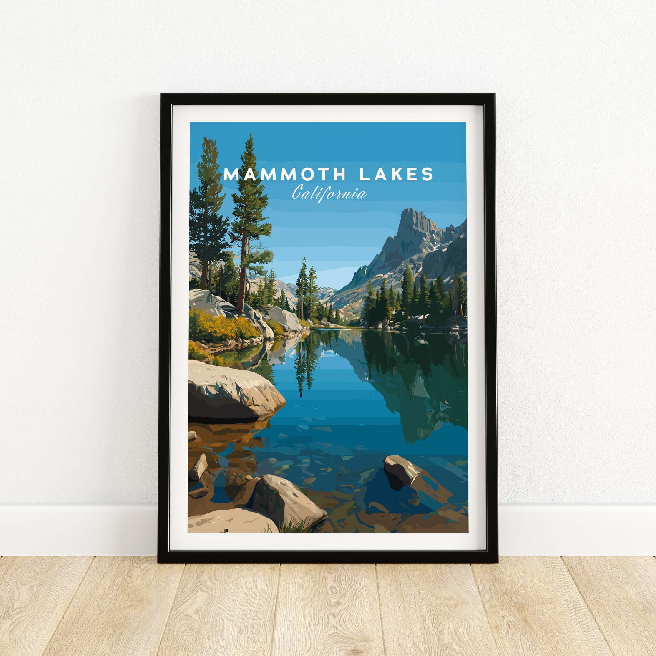 Mammoth Lakes California Poster featuring stunning mountains and reflective lake in a framed artwork.