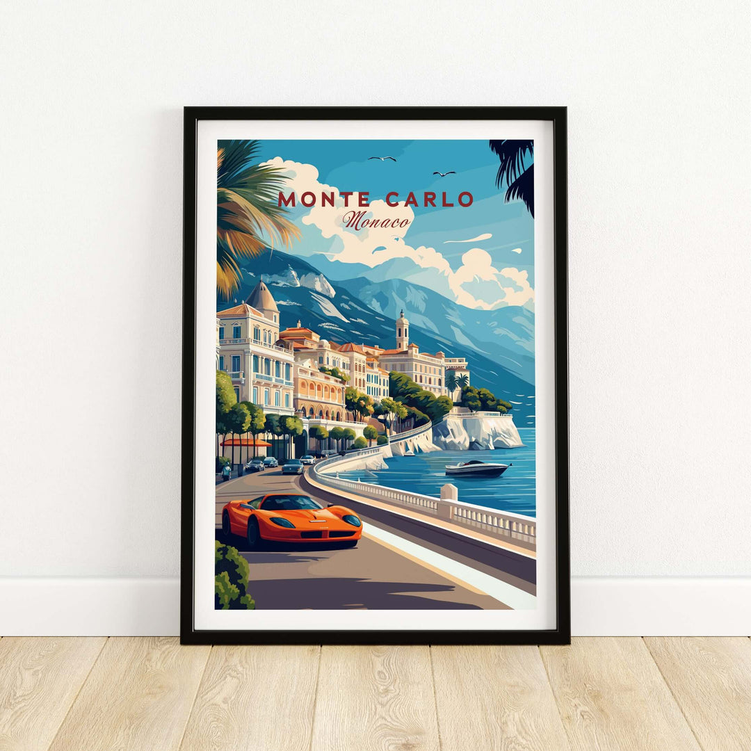 Monte Carlo print poster featuring a luxury orange car and scenic Mediterranean views of Monaco.