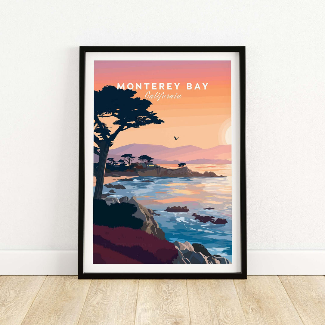 Monterey Bay California sunset coastline poster featuring cypress trees and vibrant skies, ideal wall art for any space.