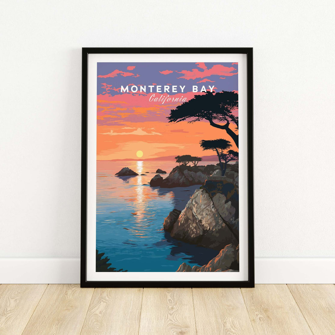Monterey Bay print showcasing colorful sunset over Pacific Grove coastline, perfect for coastal decor.