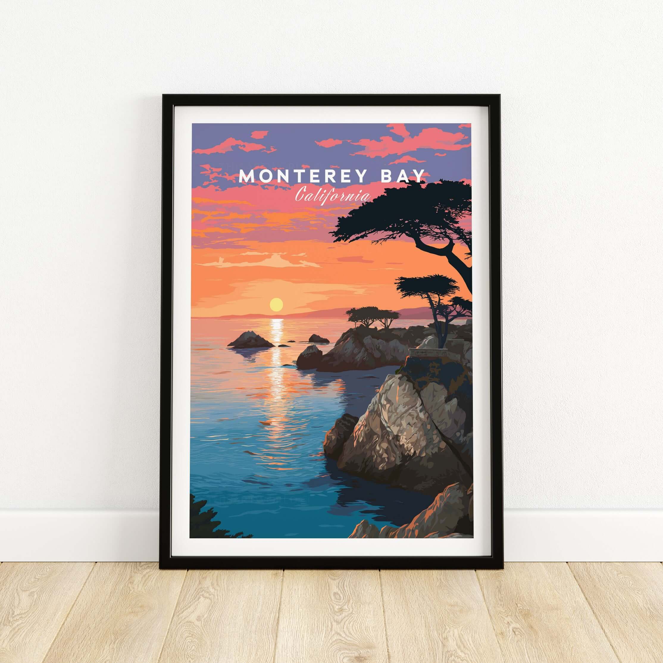 Monterey Bay Print California - Pacific Grove Wall Art featuring serene coastline and sunset over the ocean.