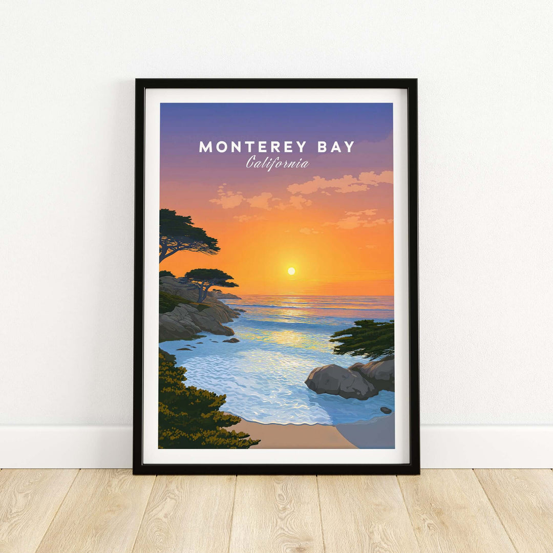 Monterey Bay California print showcasing a stunning sunset over the ocean, perfect for wall art decor.