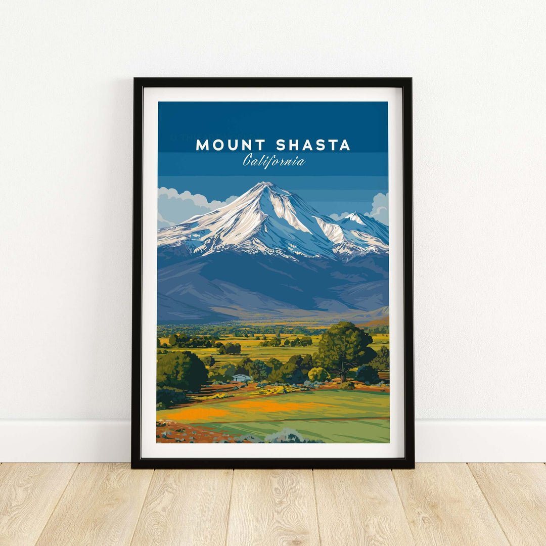 Mount Shasta California print featuring vibrant landscape and mountain design, perfect for wall art decor.