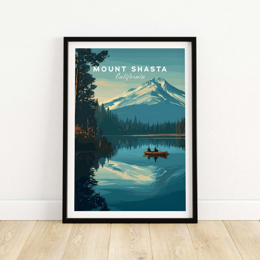 Mount Shasta California print featuring serene landscapes and reflection on water, perfect for peaceful wall art.