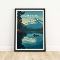 Mount Shasta California Print - Peaceful Mountain Wall Art framed print featuring serene landscape and tranquil lake.