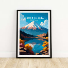 Mount Shasta Wall Art - California Travel Print showcasing the mountain and lake in vibrant colors.