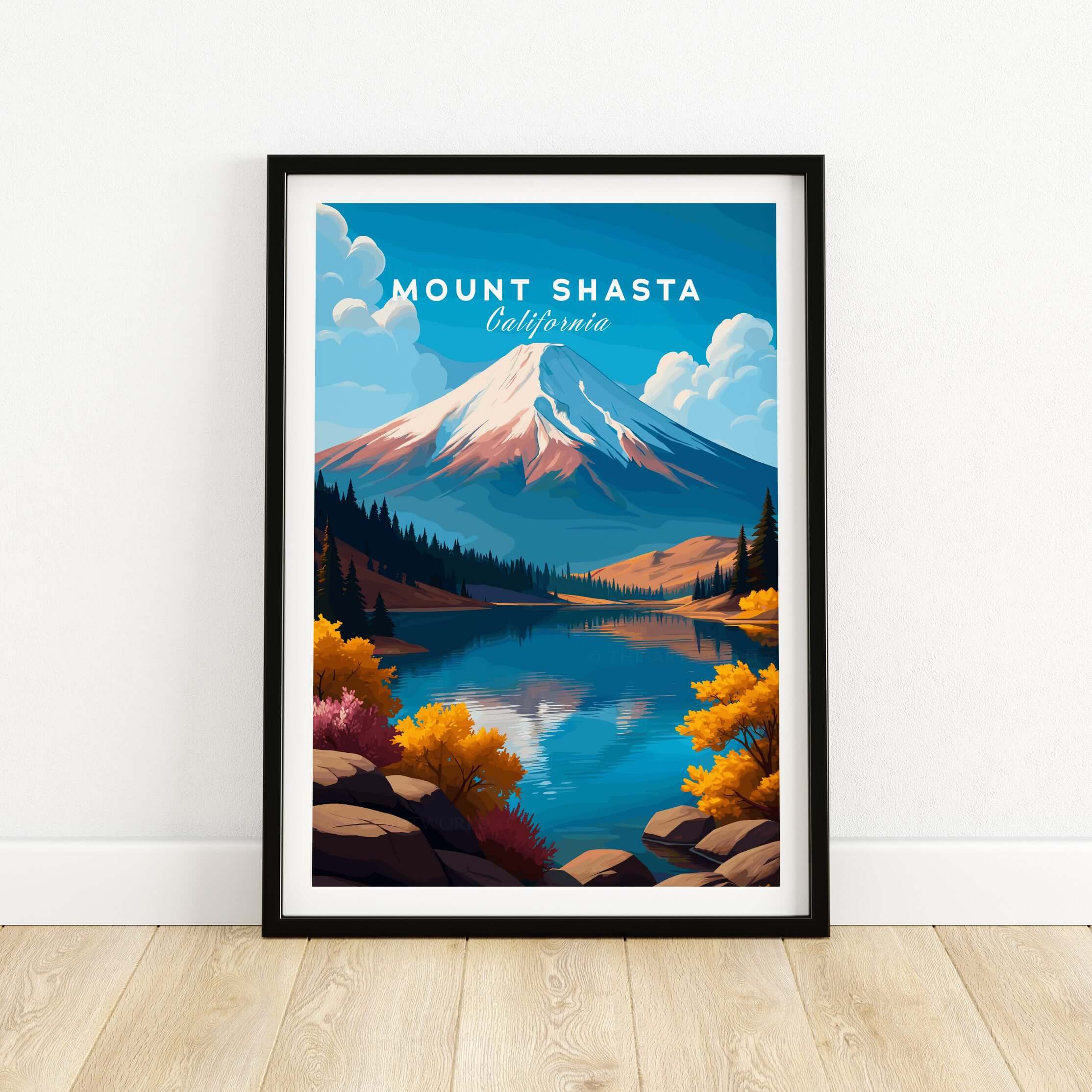 Mount Shasta Wall Art - California Travel Print showcasing the mountain and lake in vibrant colors.
